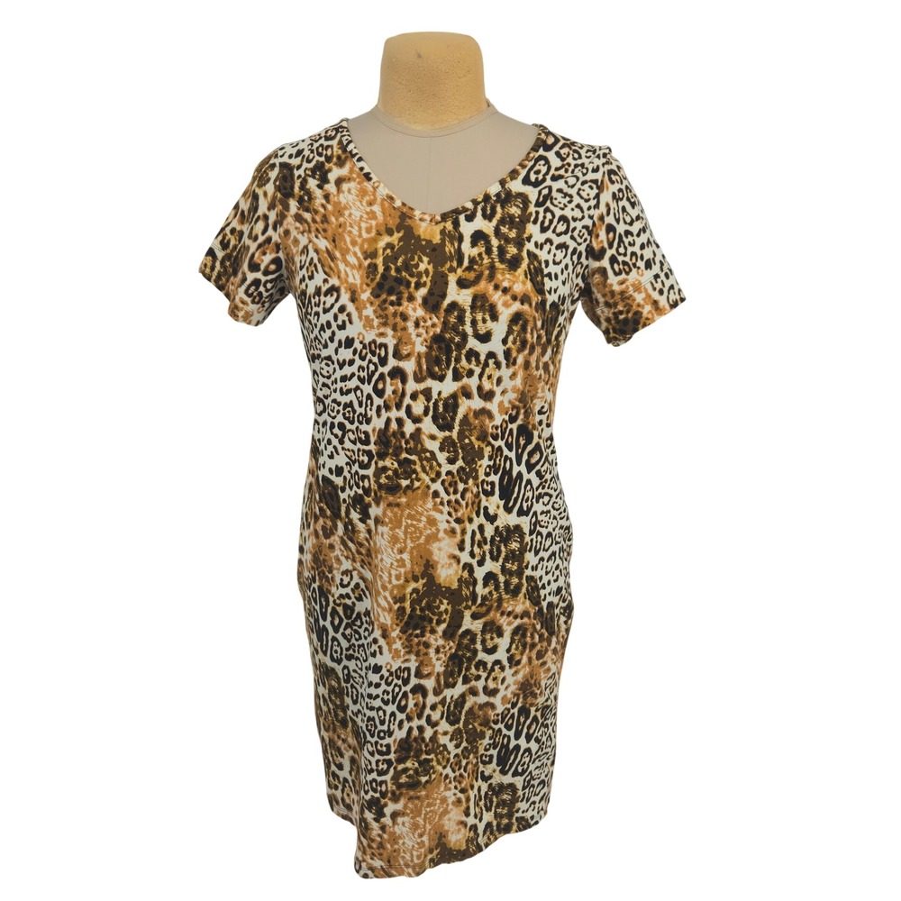 Women with Control Leopard Print T-Shirt Dress M Animal V-Neck Casual Vacation